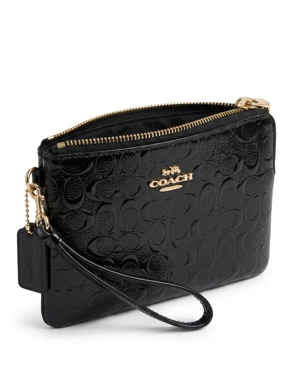 Coach Black Patent Leather Signature Embossed Corner Zip Wristlet Y2K